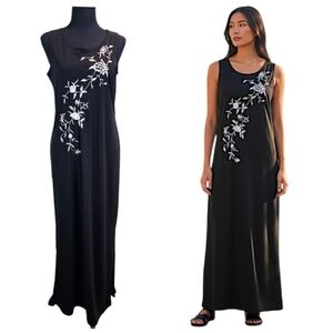 Vintage Byer Studio Embroidered Black Maxi Dress Floral Y2K 90s Made in USA Sz 6